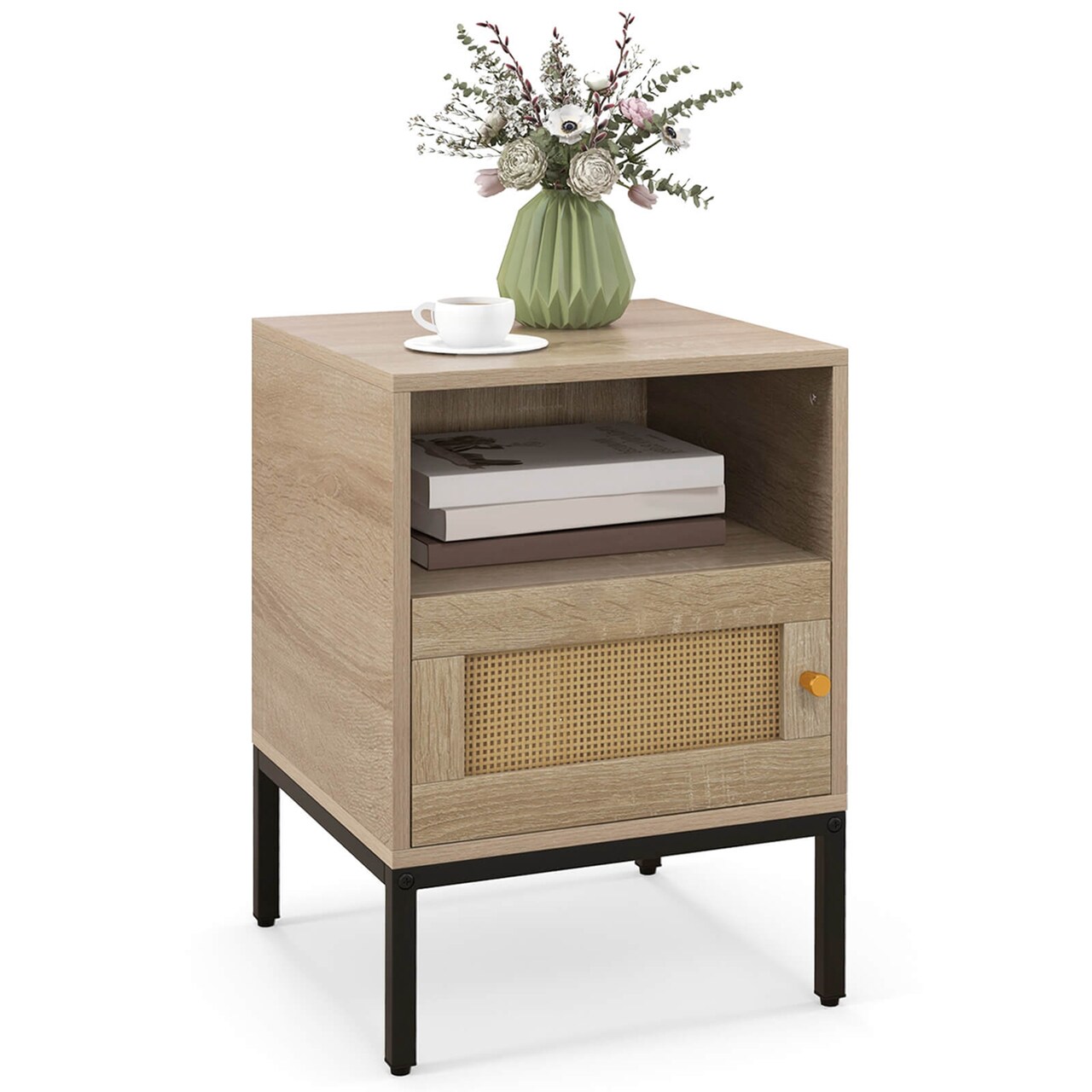 Costway 1/2 PCS Nightstand with Storage Home Boho Style Accent Table with Open Shelf